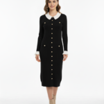 Long Knit Cardigan with Contrast Collar & Button Detail