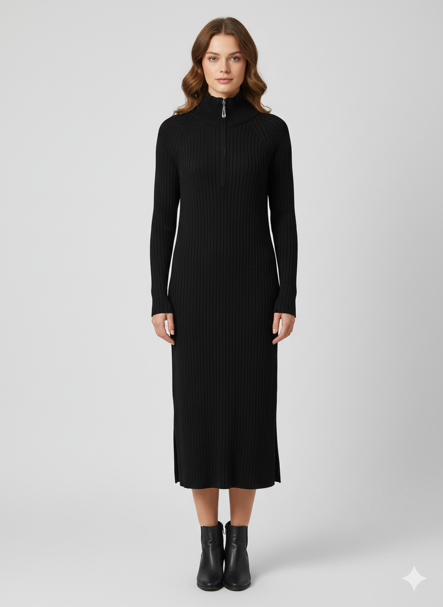 Generated Image January 07, 2026 - 5_29PM Long Ribbed Knit Zip-Neck Dress – Image 1